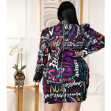 Sexy Stand Collar Print Zip Pleated Oversized Dress  S-5XL