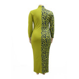 Spring leopard print stitching casual long-sleeved one-step dress plus size dress
