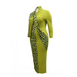 Spring leopard print stitching casual long-sleeved one-step dress plus size dress