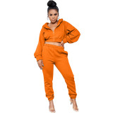 Autumn and winter solid color zipper hooded sexy sports two-piece suit