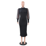 Half Turtleneck Mesh Yarn Perspective Balloon Sleeve Slim Dress