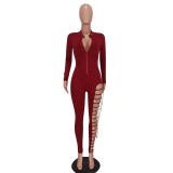 Cotton solid color sexy chain jumpsuit