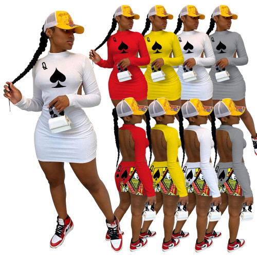 Poker Spades Elements Long Sleeves Backless Sexy Nightclub Dress