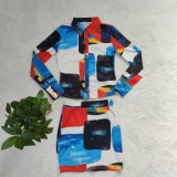 Casual graffiti print shirt + skirt two-piece set