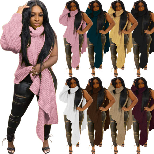 Long Sleeve Slit Knit Scarf Sweater Top