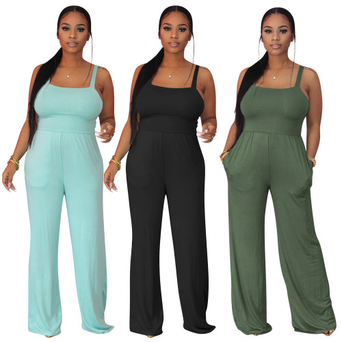 summer solid color tank top straight jumpsuit