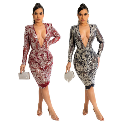Sexy Deep V Package Hip Midi Dress Nightclub Sequin Dress Without Panties