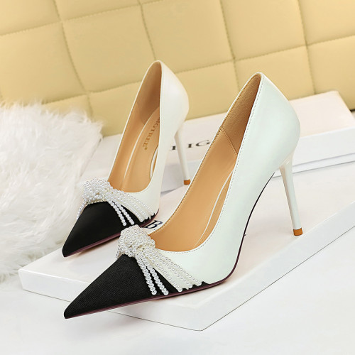 Pumps Colorblock Pointed Toe Pearl Bow Pumps