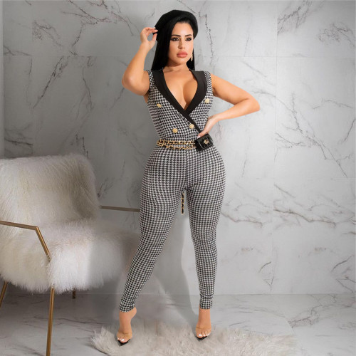 Nightclub Clothes Printed Lapel Button Houndstooth Jumpsuit