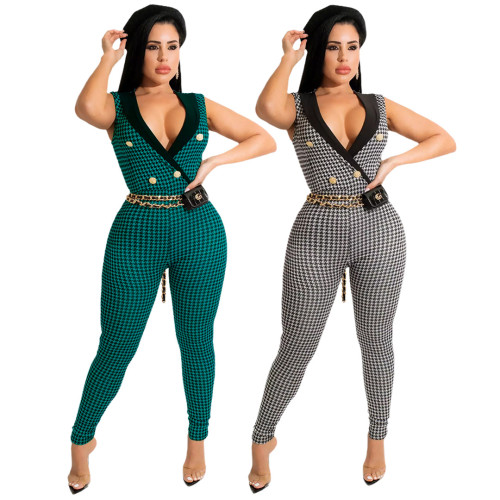 Nightclub Clothes Printed Lapel Button Houndstooth Jumpsuit