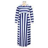 2022 spring and autumn round neck long sleeve horizontal and vertical striped large size dress