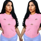 Beaded Butterfly Round Neck Solid Color Fashion Plus Size Short Sleeve T-Shirt