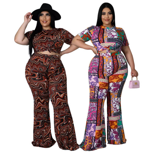 Plus Size Printed Short Sleeve Flared Pants Two Piece Set