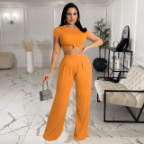 2022 spring and autumn solid color wide-leg short-sleeved two-piece suit