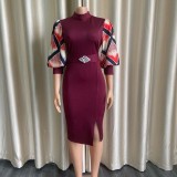 2022 Solid Color Waist Temperament Commuter Print Puff Sleeve Dress