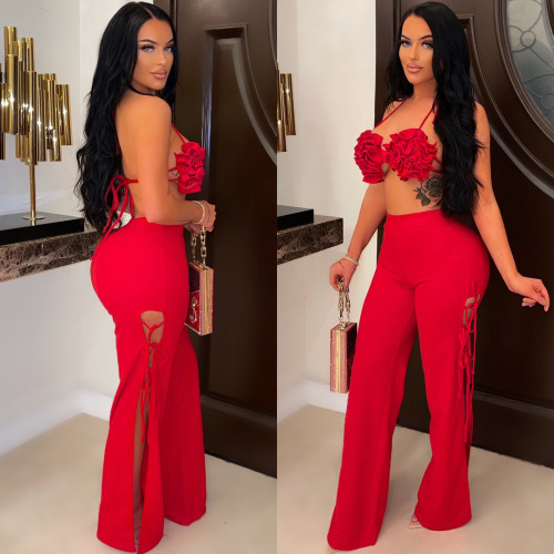 Sexy Wrap Breast Lace-Up Flared Pants Two-Piece Set