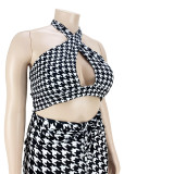Plus Size Houndstooth Cutout Cross Lace Up Dress