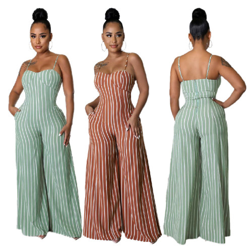 Spring/Summer Sexy Striped Backless Sling Wide Leg Jumpsuit