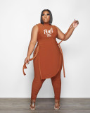 Plus Size Irregular Lace-Up Letter Top Pleated Pants Two-Piece Set