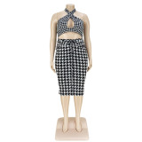 Plus Size Houndstooth Cutout Cross Lace Up Dress