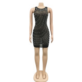 Sexy nightclub hot drill mesh yarn perspective round neck skirt dress