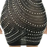 Sexy nightclub hot drill mesh yarn perspective round neck skirt dress