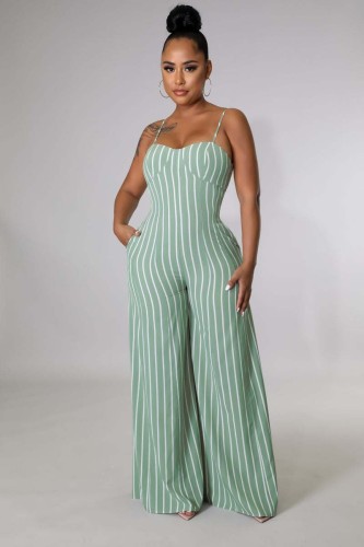 Spring/Summer Sexy Striped Backless Sling Wide Leg Jumpsuit