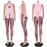 Lace-up Cutout Vest Slit Print Pants Two-Piece Set