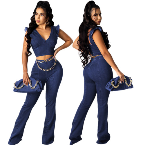 High Stretch Denim V-Neck Petal Sleeves Flared Trousers Two Piece Set