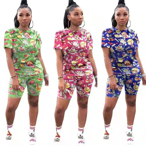 Cotton Print Short Sleeve Sports Casual Two Piece