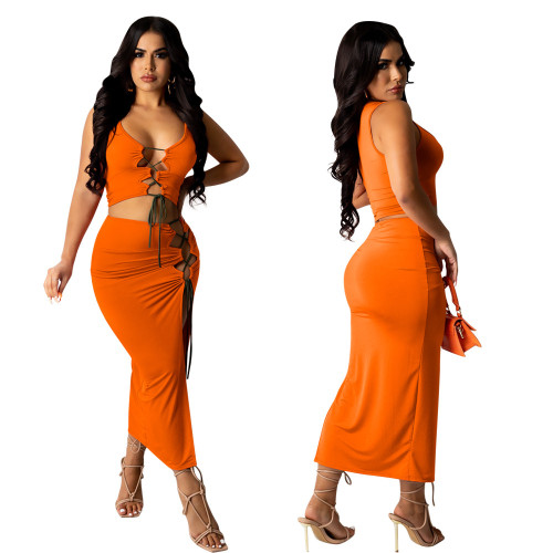 Spring/Summer Sexy Sleeveless Solid Color Lace-Up Slit Skirt Two-Piece Set