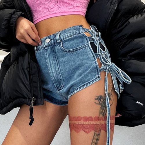 2022 spring and summer sexy super shorts side tie jeans