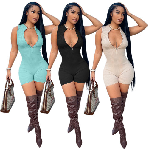 Sexy Pit Strip Solid Zip Sleeveless Skinny Short Jumpsuit