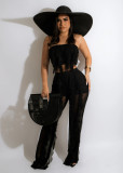 Spring/Summer Net Yarn Ruffled Chest Wrap Wide Leg Pants Two Piece Set  （Including panties）