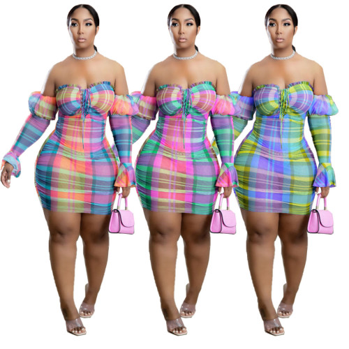 Printed Perspective Mesh Yarn One Shoulder Nightclub Dress