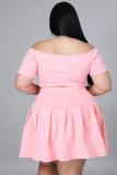 Plus Size Sexy Solid Color Short Sleeve Pleated Skirt Two Piece Set