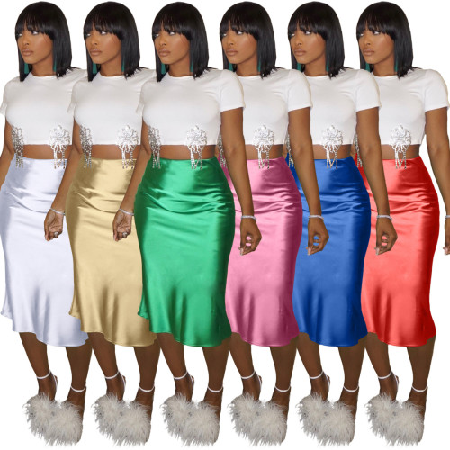 Solid Color Shiny High Stretch Silk Satin Skirt