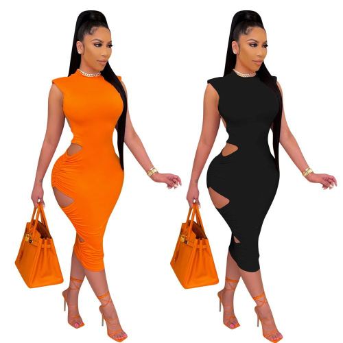 Spring/Summer Sleeveless Solid Color Sexy Cutout Dress