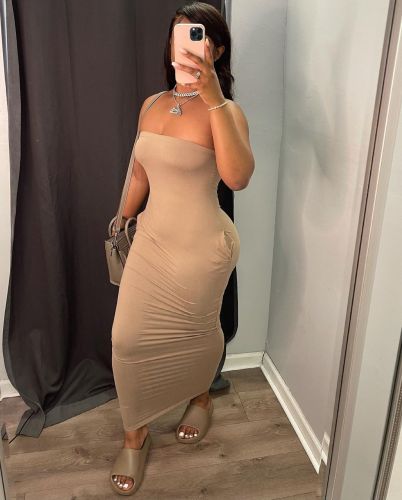 Solid Color Tube Top High Stretch Dress (with Pockets)