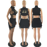 Embroidered loose turtleneck sleeveless fringed skirt two-piece set
