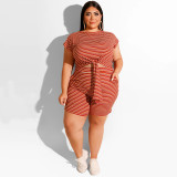 Spring and summer large size stripes casual two-piece shorts suit