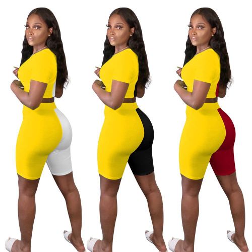 Summer exposed navel contrast color stitching tight casual sports two-piece suit