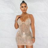 Sexy suspender wrap chest hot drill mesh see-through mid skirt dress
