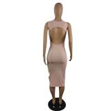 Spring and summer solid color vest sexy pleated hollow dress