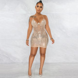 Sexy suspender wrap chest hot drill mesh see-through mid skirt dress