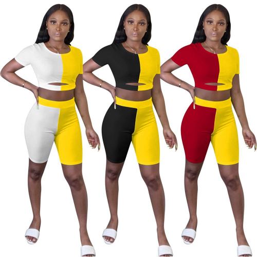 Summer exposed navel contrast color stitching tight casual sports two-piece suit