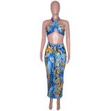Summer Hollow Halter Tube Top Print  Lace Up Sexy Skirt Two-piece Set