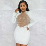 Sexy hot diamond mesh gauze perspective bubble beads backless long-sleeved skirt dress
