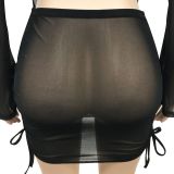 Sexy solid color deep V long-sleeved hollow mesh see-through skirt two-piece set