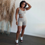 Solid color tight sexy hollow stripe short jumpsuit